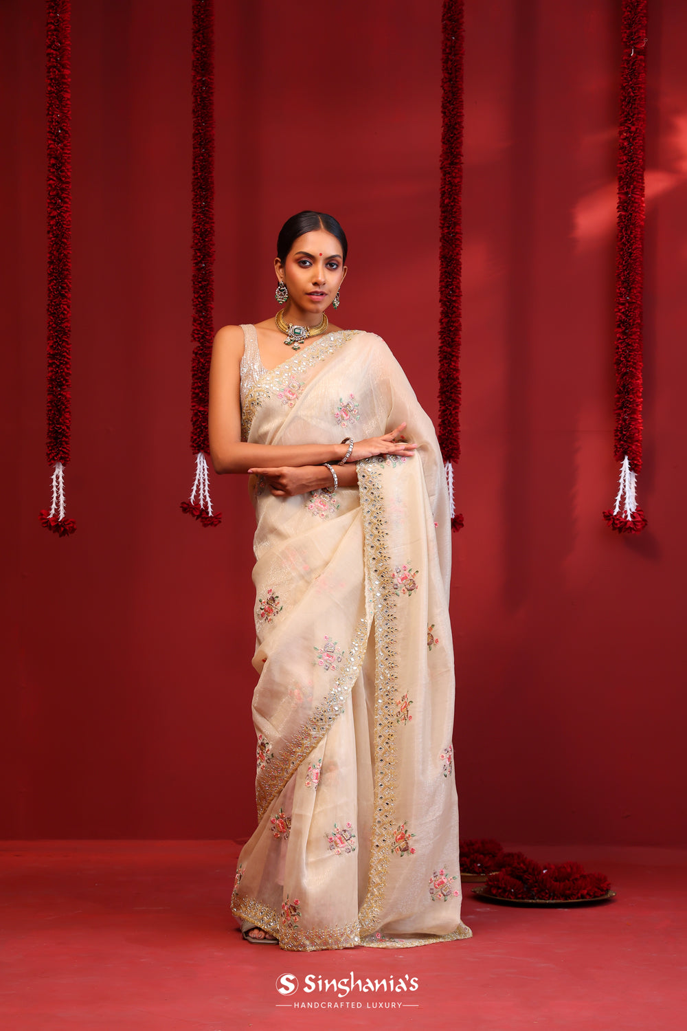 Almond Brown Organza Handcrafted Saree