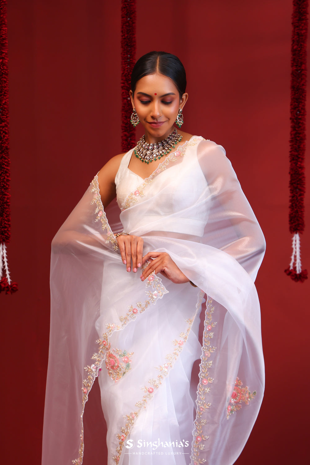 Bright White Handcrafted Organza Saree