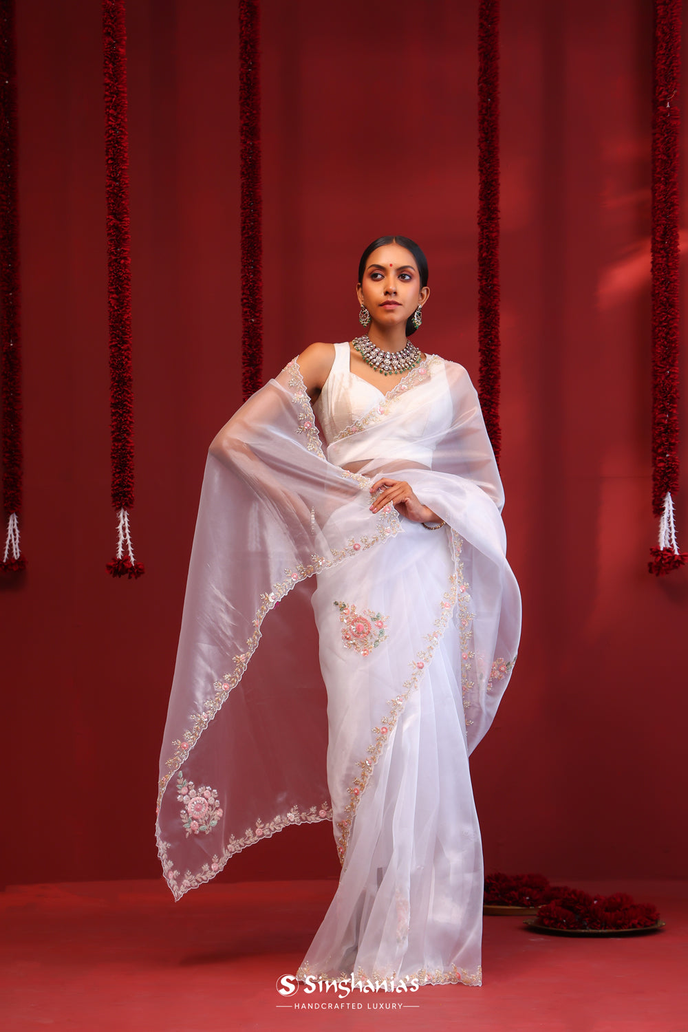 Bright White Handcrafted Organza Saree