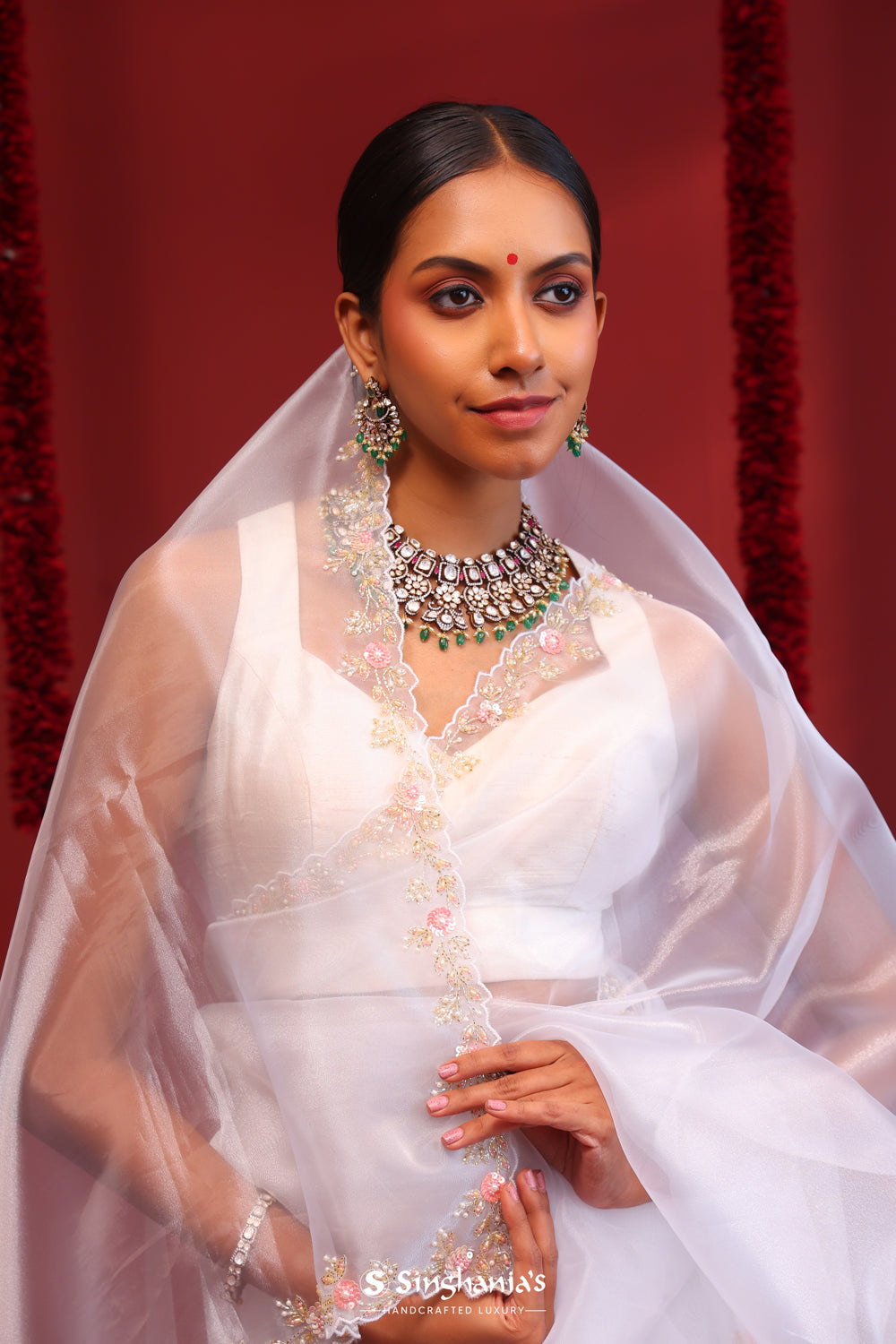 Bright White Handcrafted Organza Saree