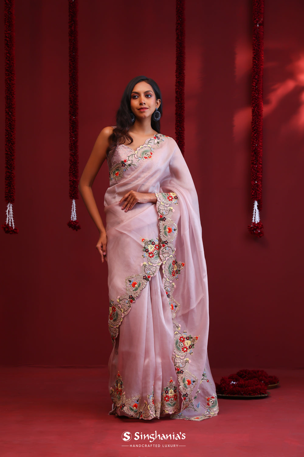 Silvery Pink Organza Saree With Floral Embroidery