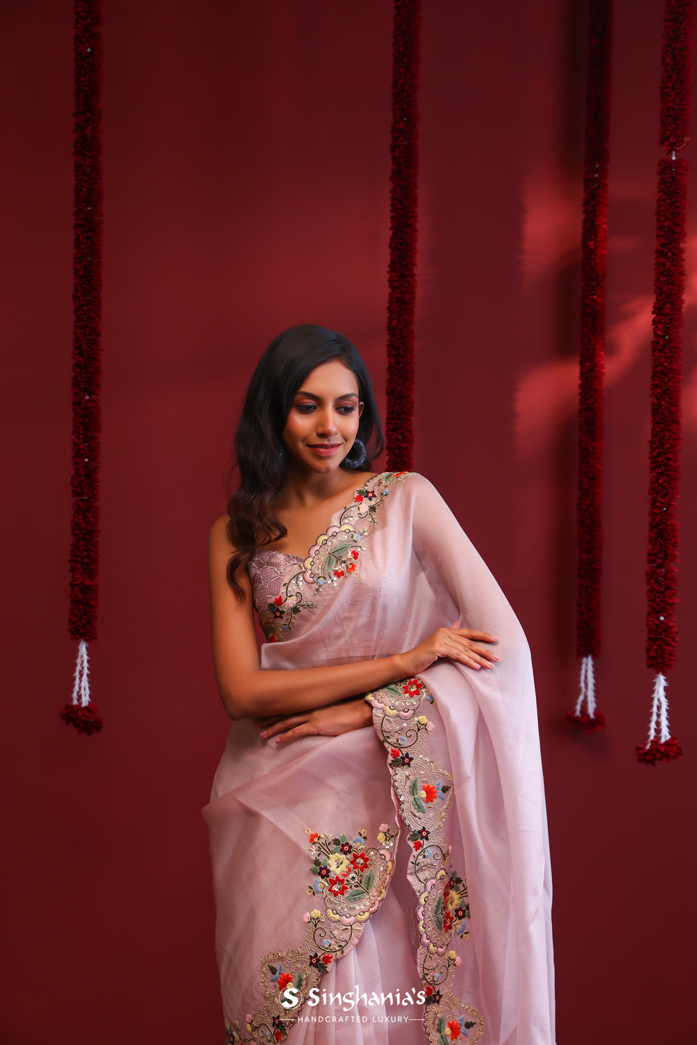 Silvery Pink Organza Saree With Floral Embroidery