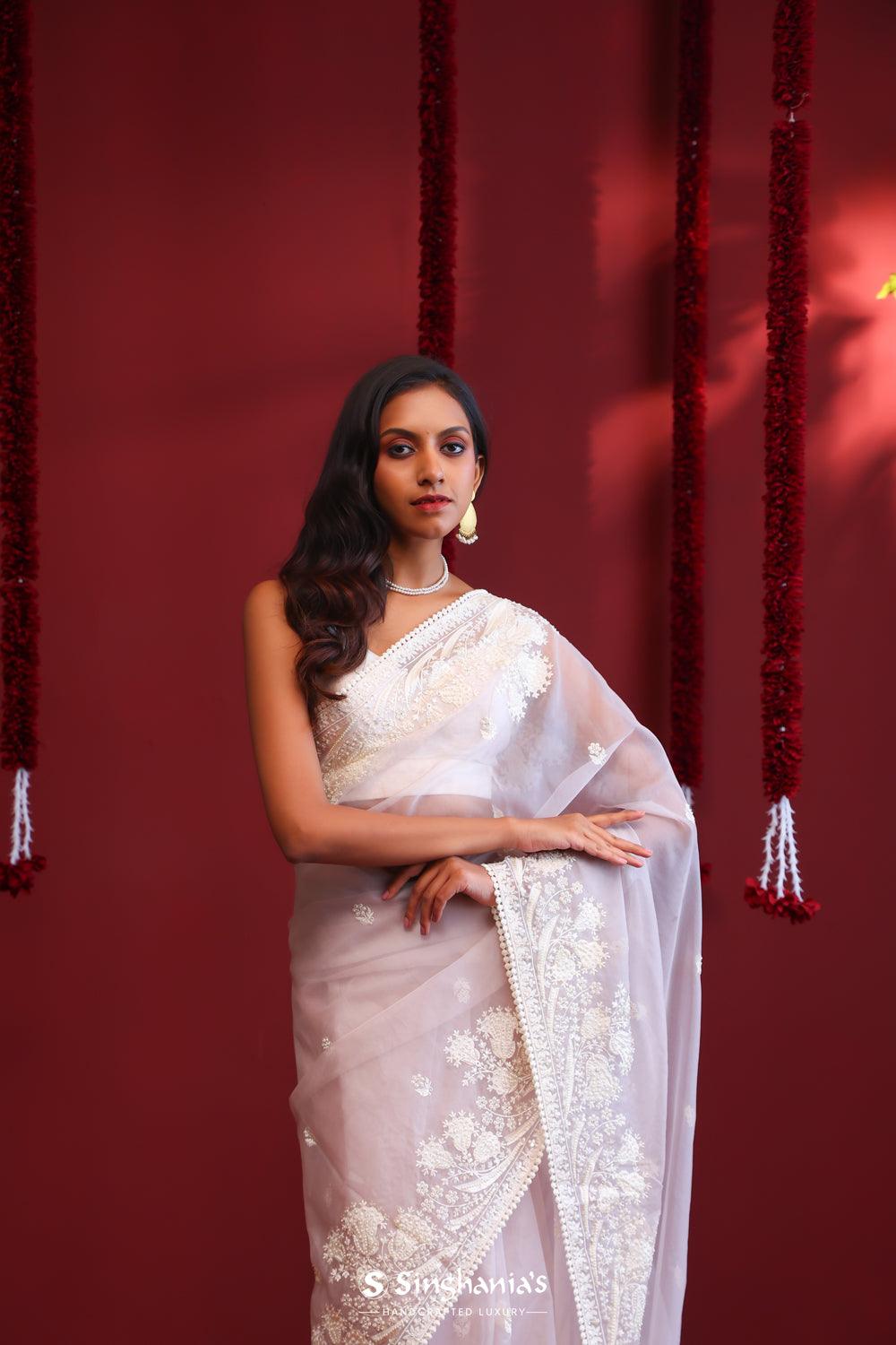 Rose White Handcrafted Organza Saree