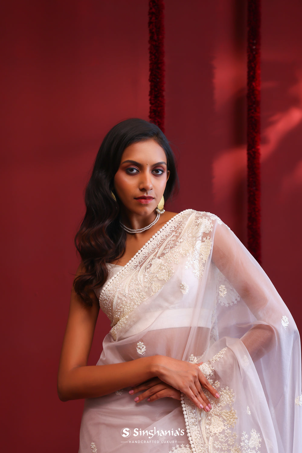 Rose White Handcrafted Organza Saree