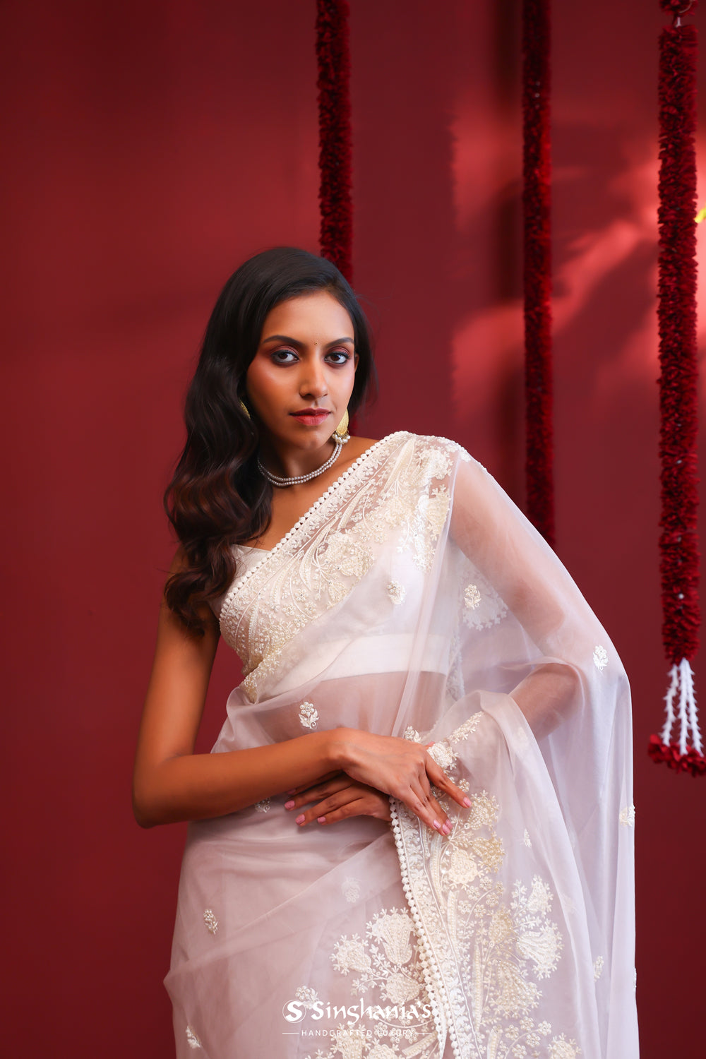 Rose White Handcrafted Organza Saree