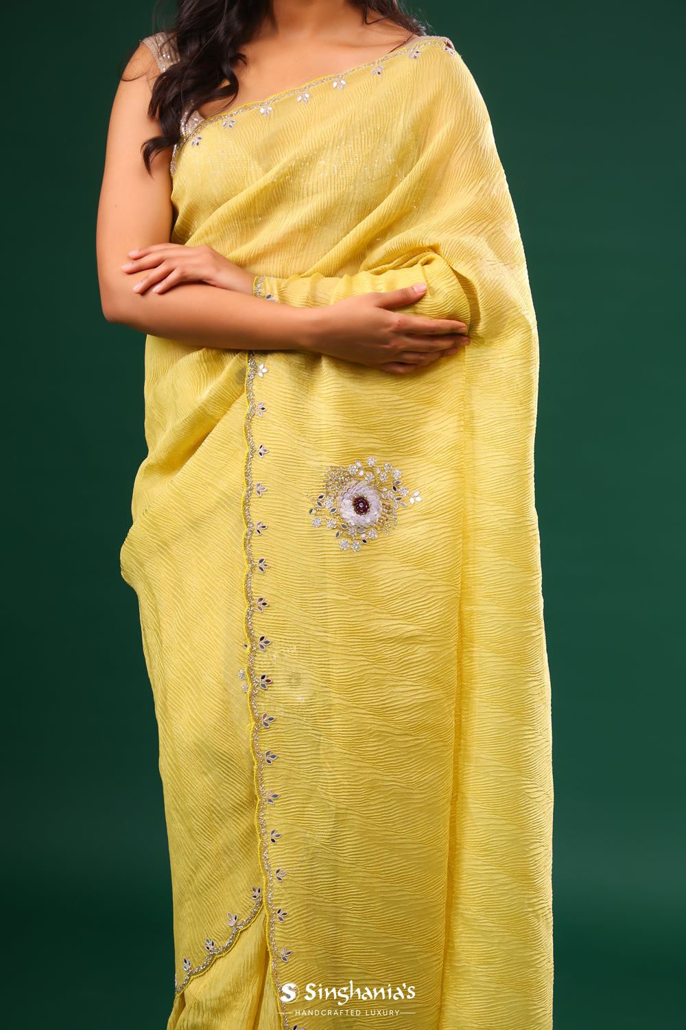 Flax Yellow Crushed Tissue Embroidery Saree With Floral Butta