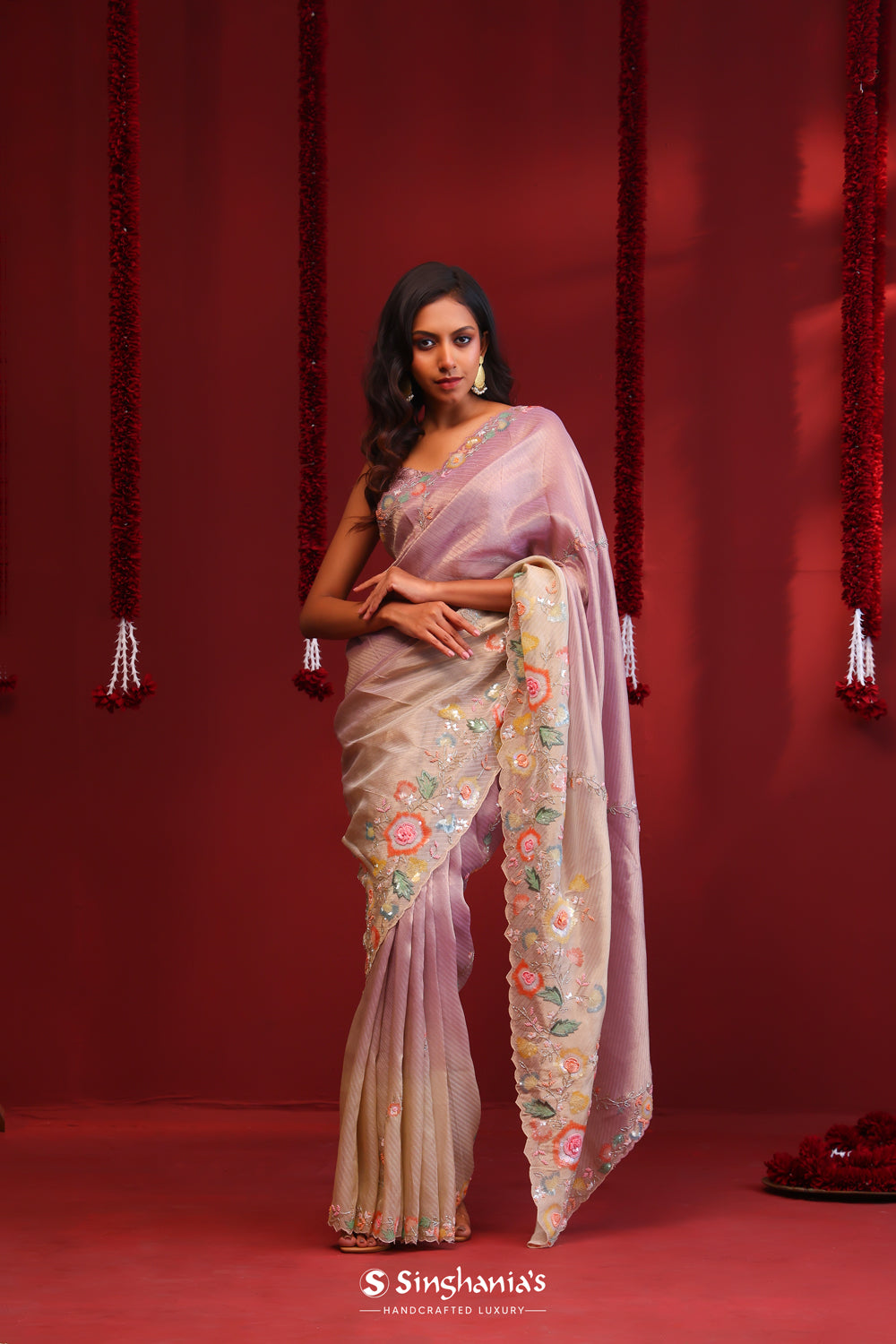 Gold Muave Ombre Handcrafted Tissue Saree