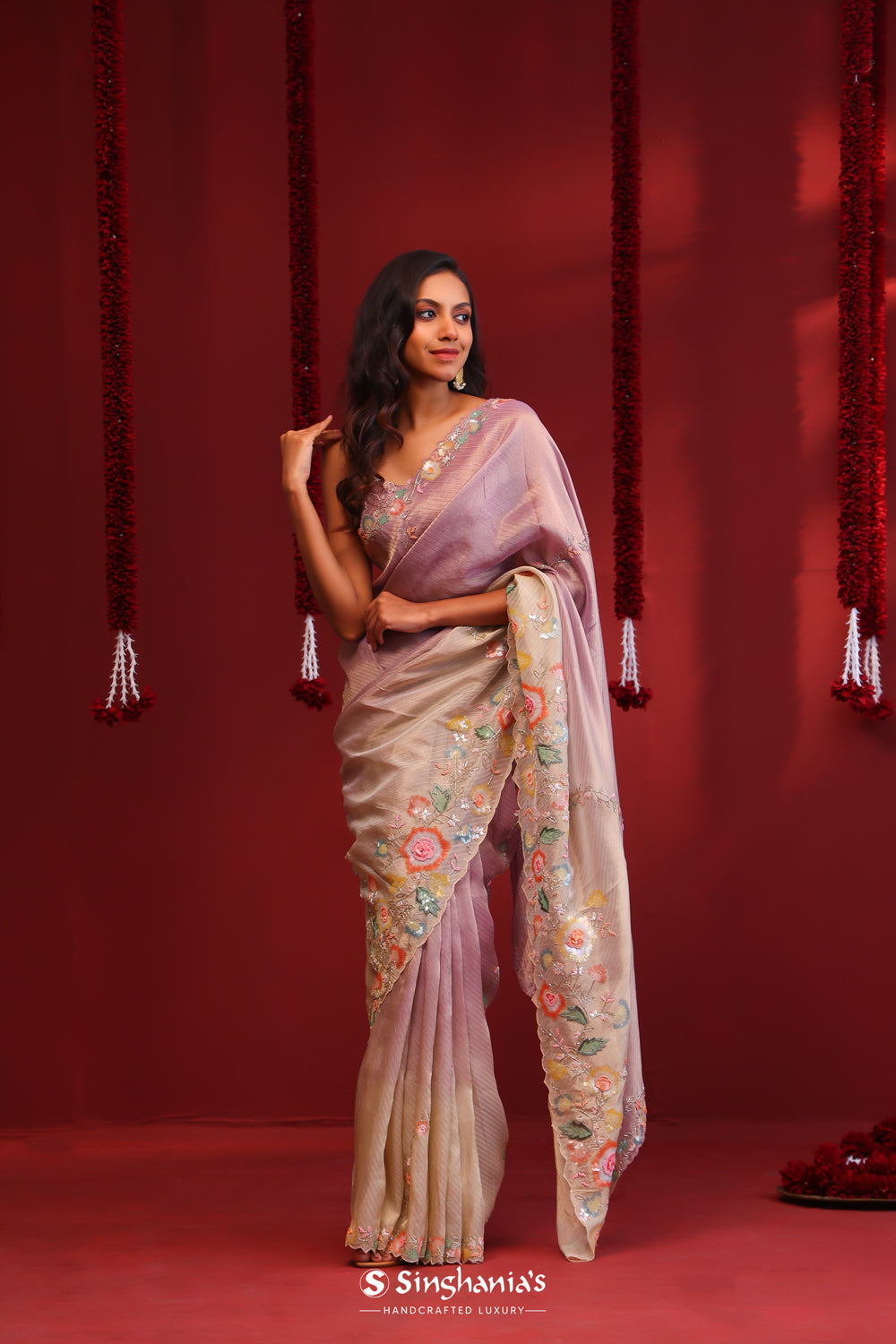 Gold Muave Ombre Handcrafted Tissue Saree