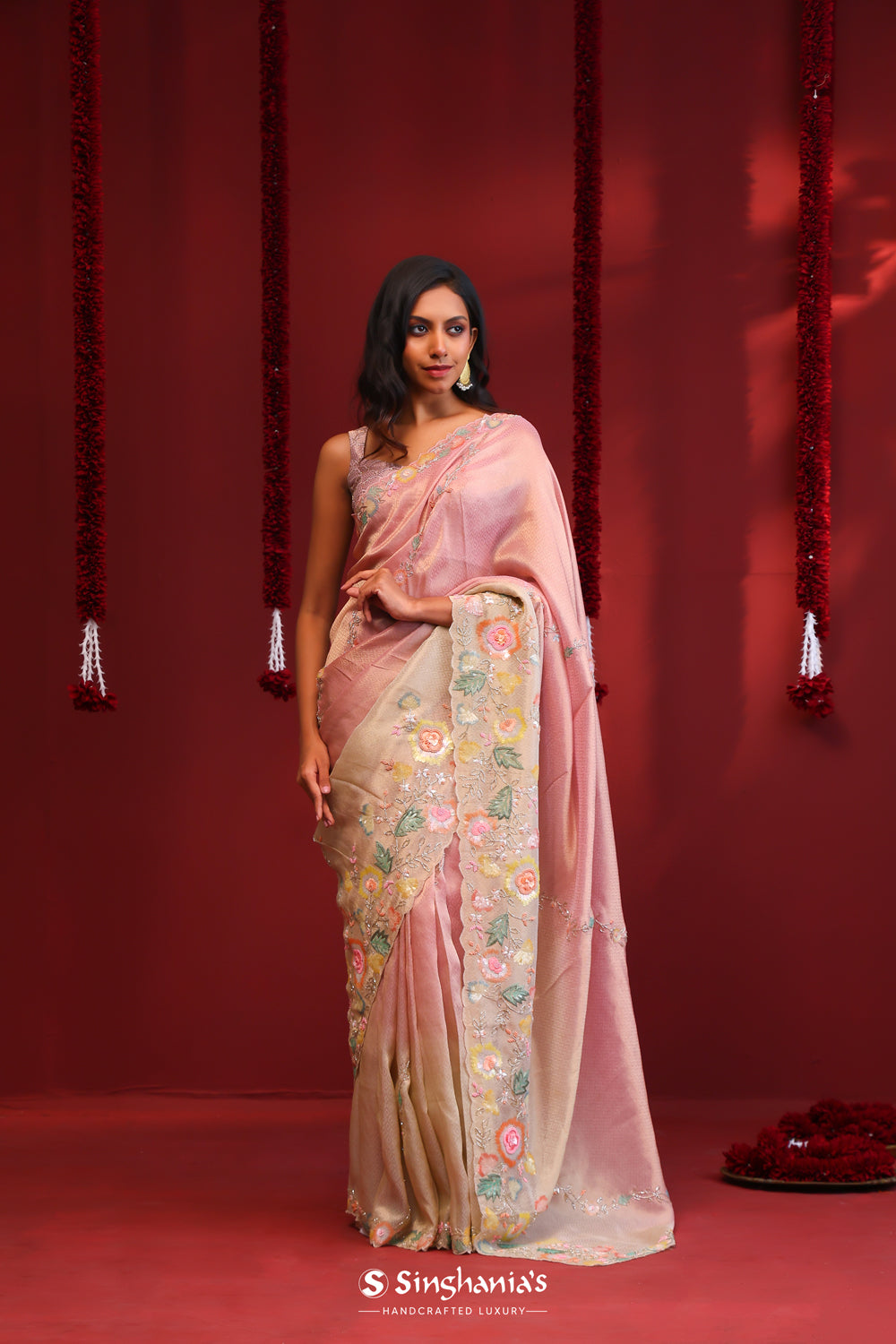 Rose Pink-Gold Ombre Handcrafted Tissue Saree