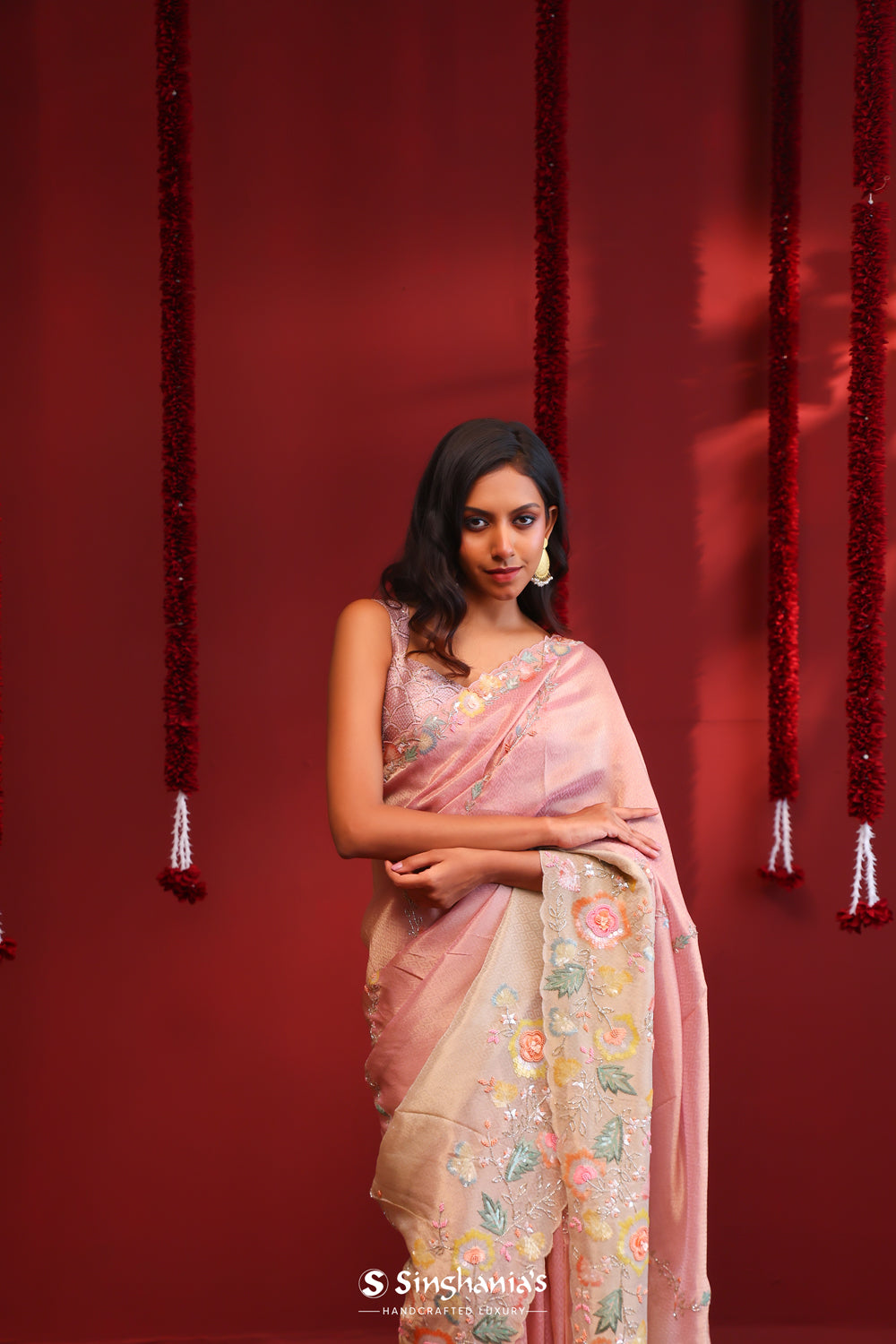 Rose Pink-Gold Ombre Handcrafted Tissue Saree