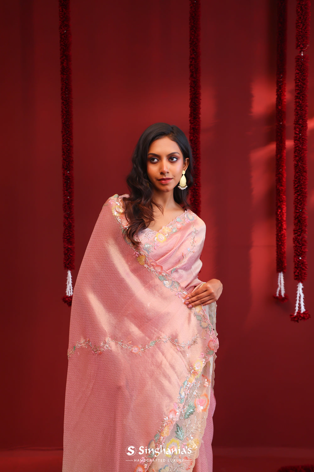 Rose Pink-Gold Ombre Handcrafted Tissue Saree