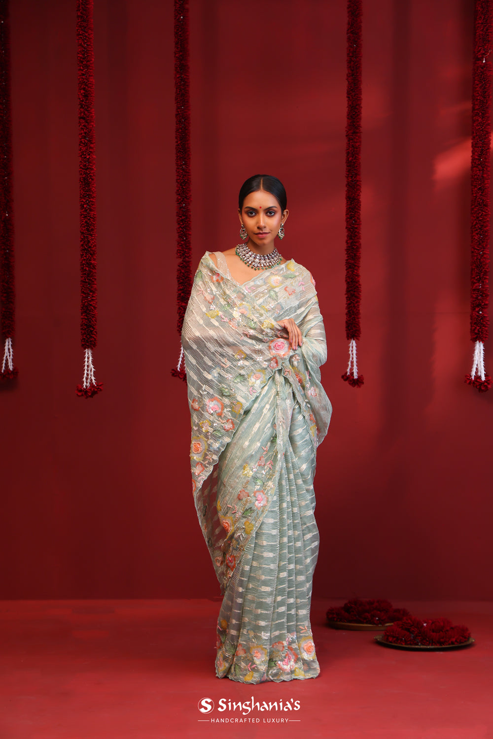 Powder Blue Tissue Saree With Floral Embroidery