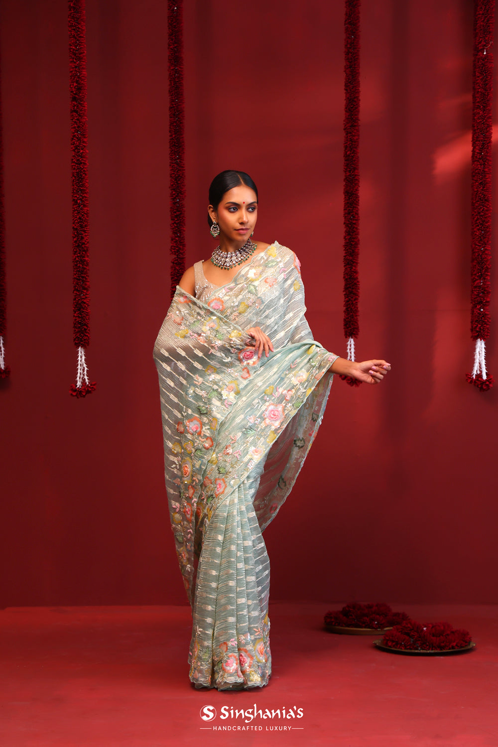 Powder Blue Tissue Saree With Floral Embroidery