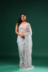 Pastel Blue Organza Designer Saree With Hand Embroidery