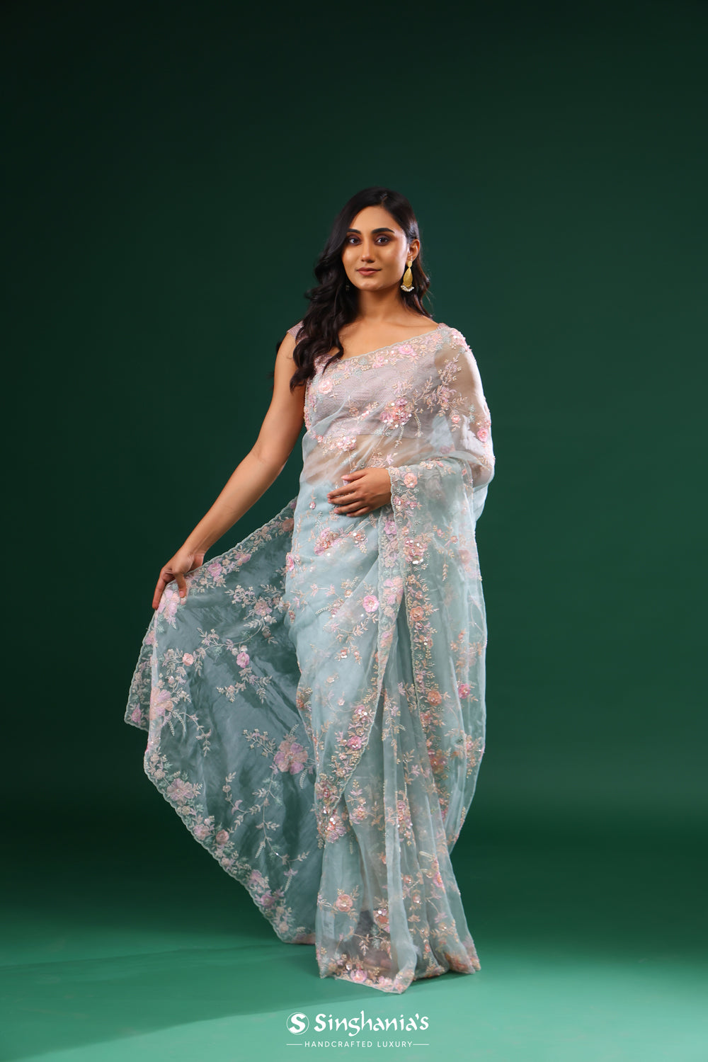 Pastel Blue Organza Designer Saree With Hand Embroidery