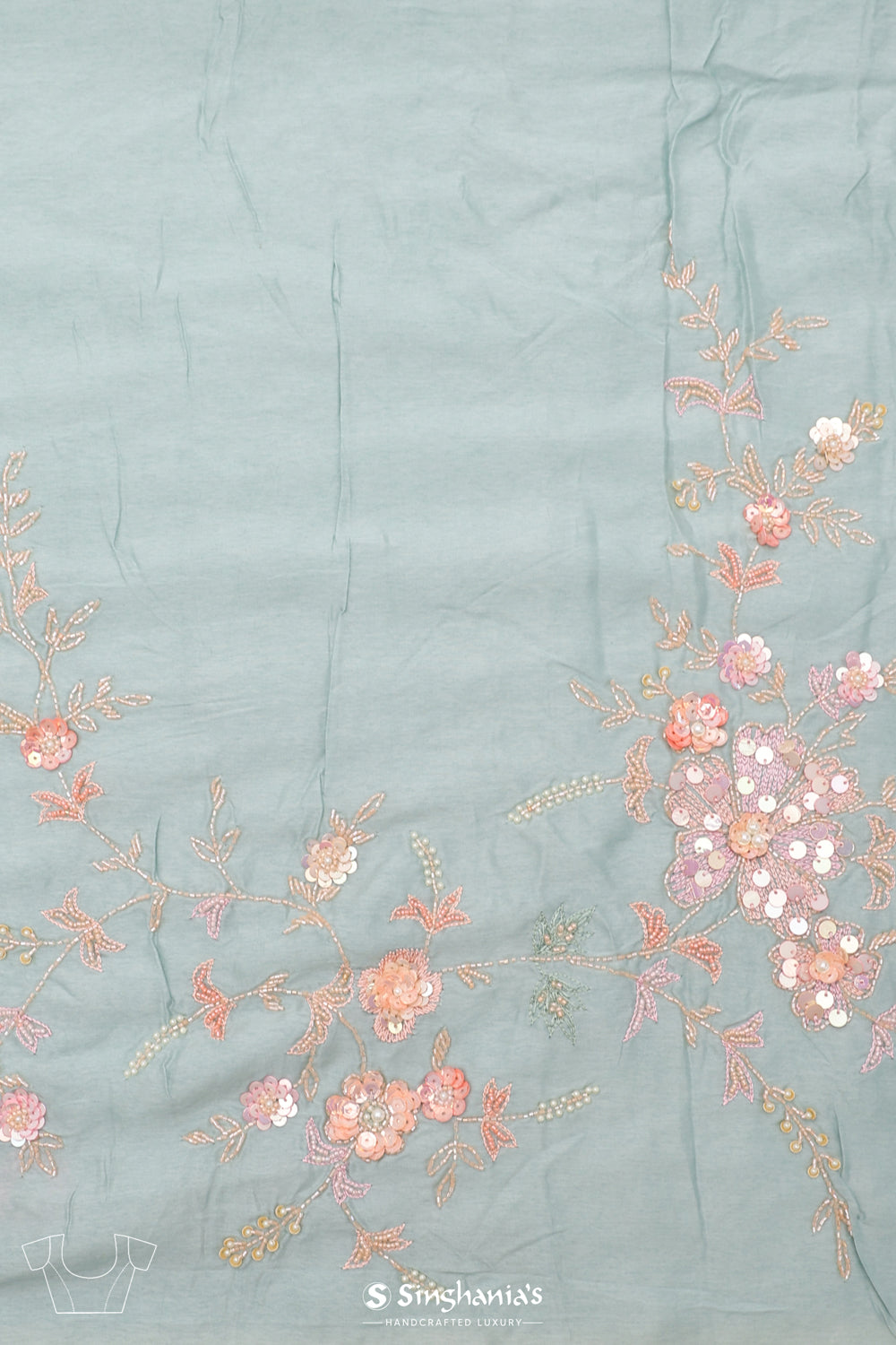 Pastel Blue Organza Designer Saree With Hand Embroidery