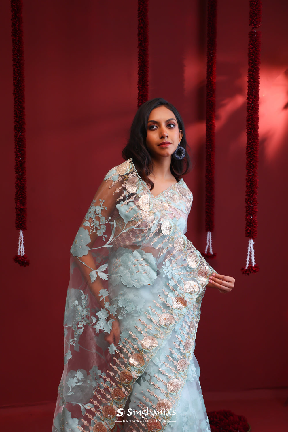 Pale Blue Organza Saree With Floral Embroidery