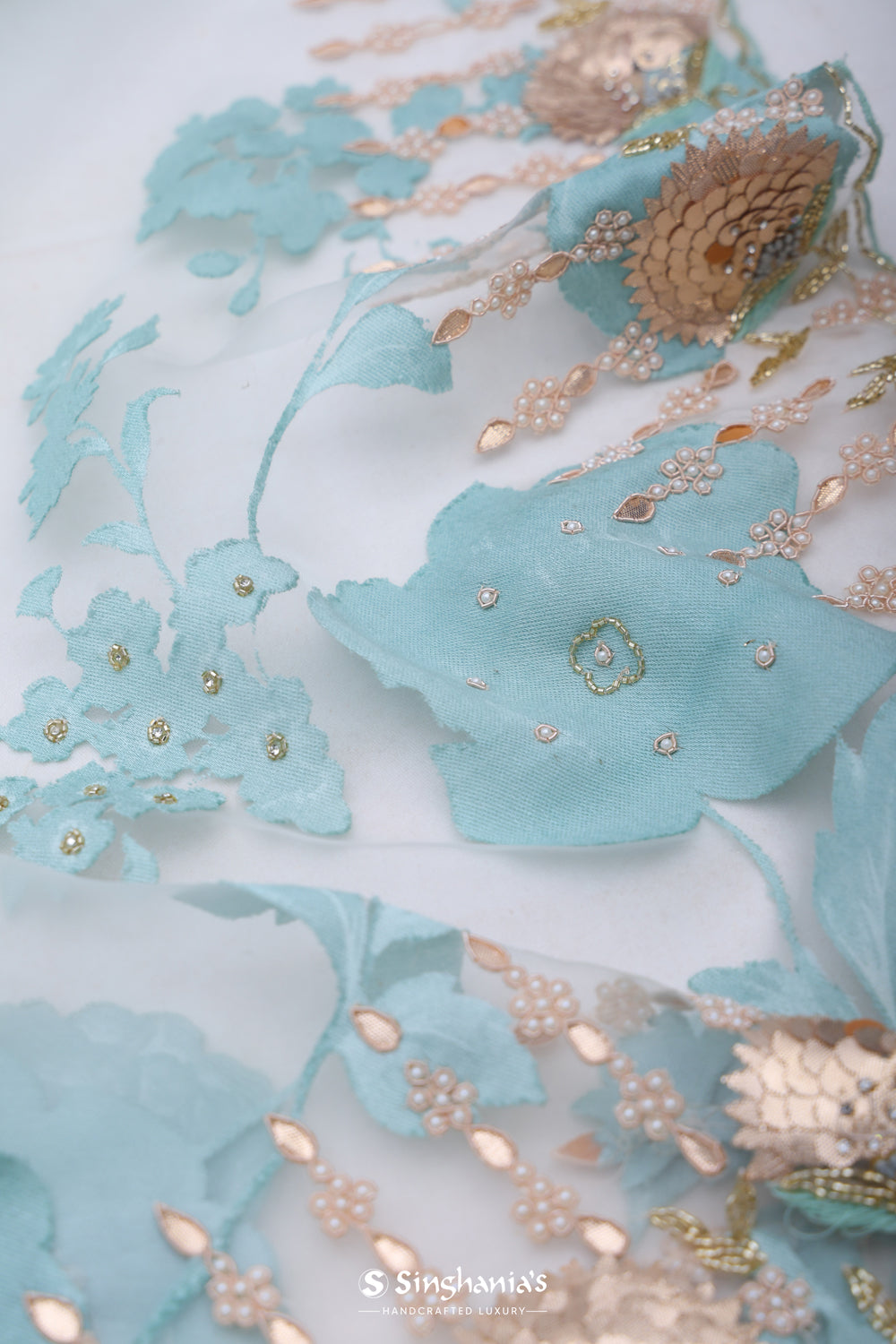 Pale Blue Organza Saree With Floral Embroidery