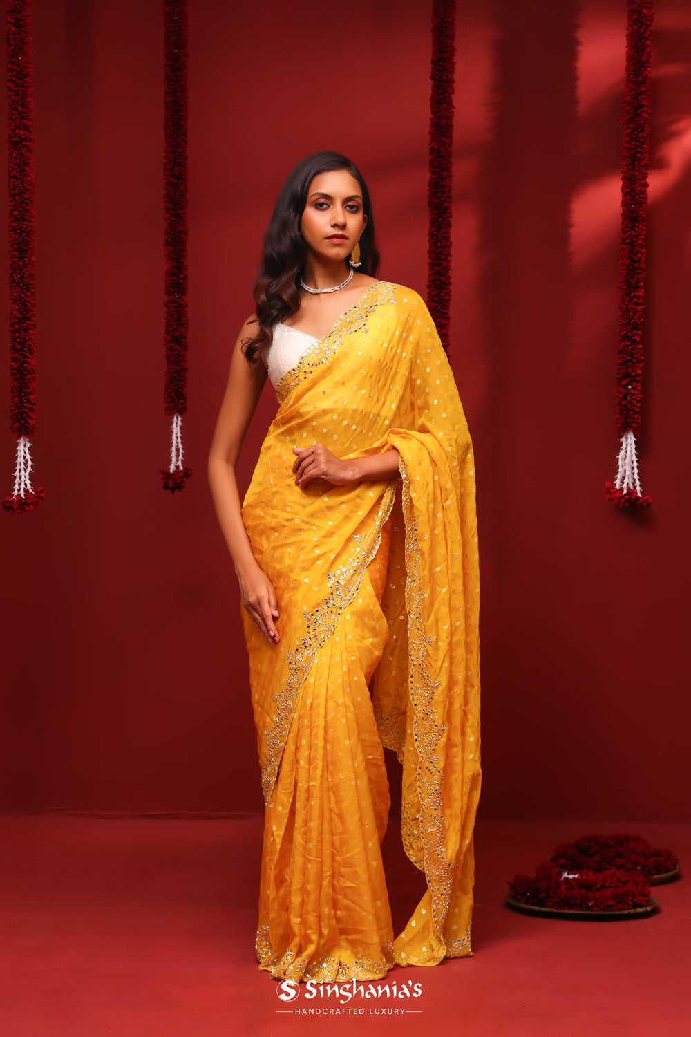 Marigold Orange Handcrafted Organza Saree