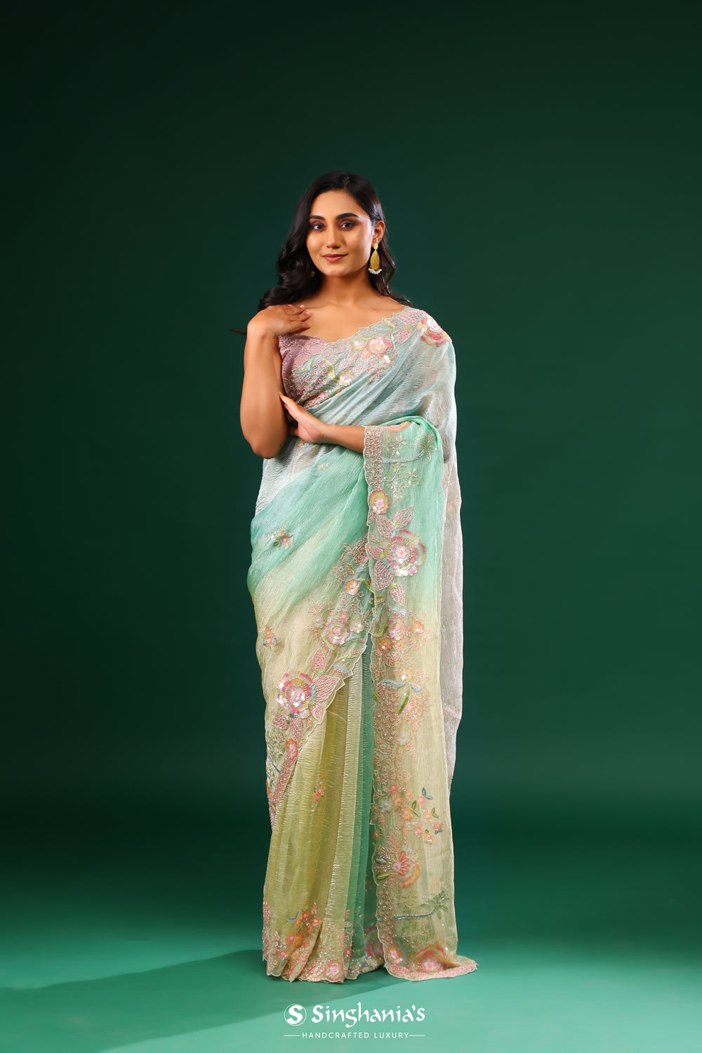 Green Dual-Tone Crushed Tissue Saree With Floral Embroidery