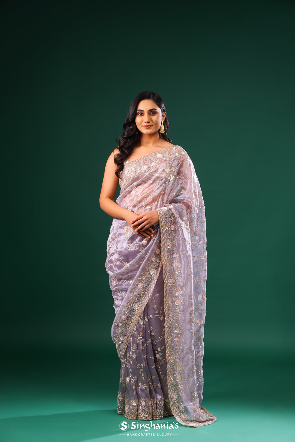 Heather Purple Tissue Organza Saree With Floral Pattern