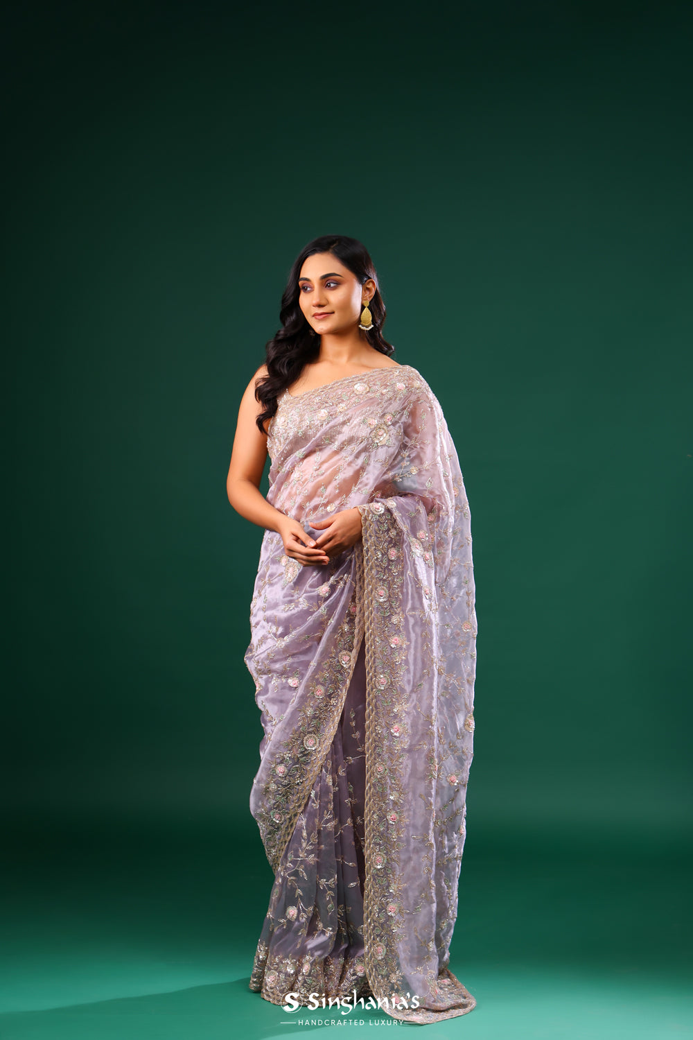 Heather Purple Tissue Organza Saree With Floral Pattern