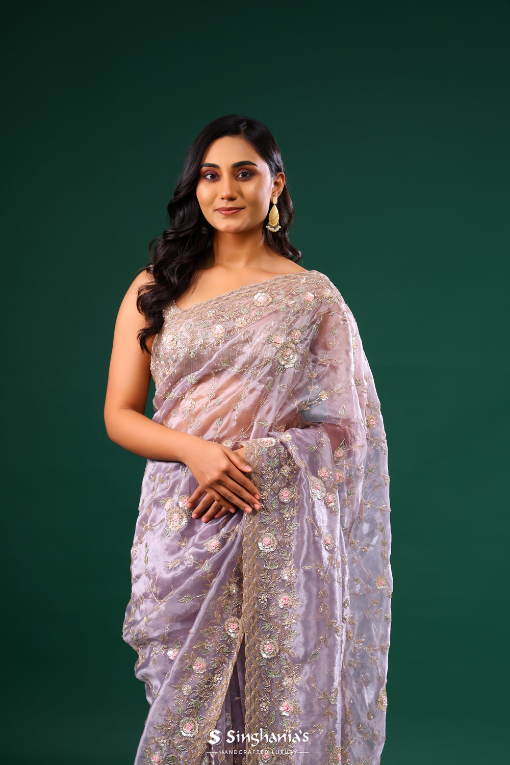 Heather Purple Tissue Organza Saree With Floral Pattern