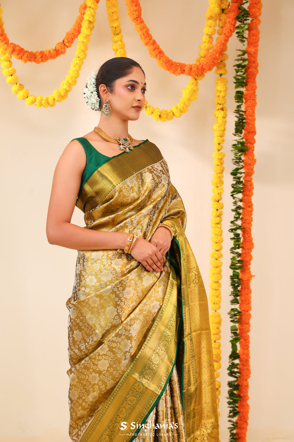 Olive Gold Tissue Kanjivaram Saree With Floral Jaal Weaving