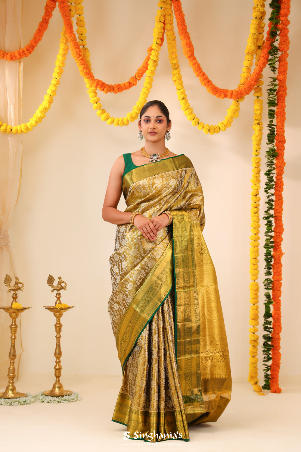 Olive Gold Tissue Kanjivaram Saree With Floral Jaal Weaving