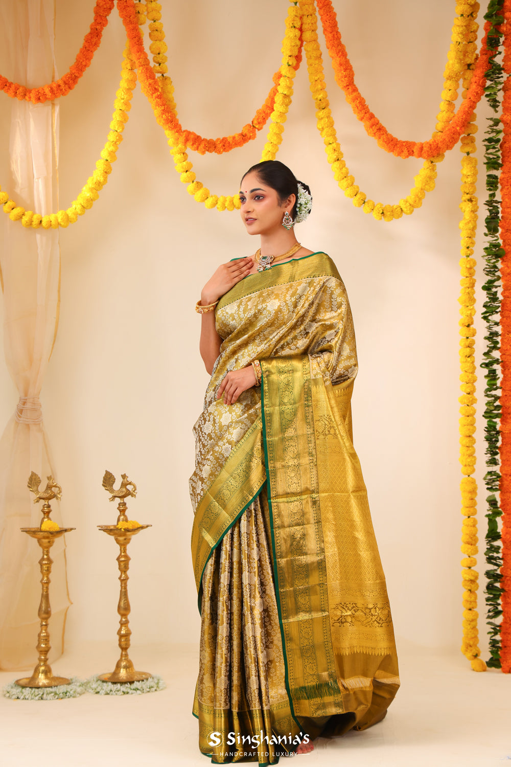 Olive Gold Tissue Kanjivaram Saree With Floral Jaal Weaving