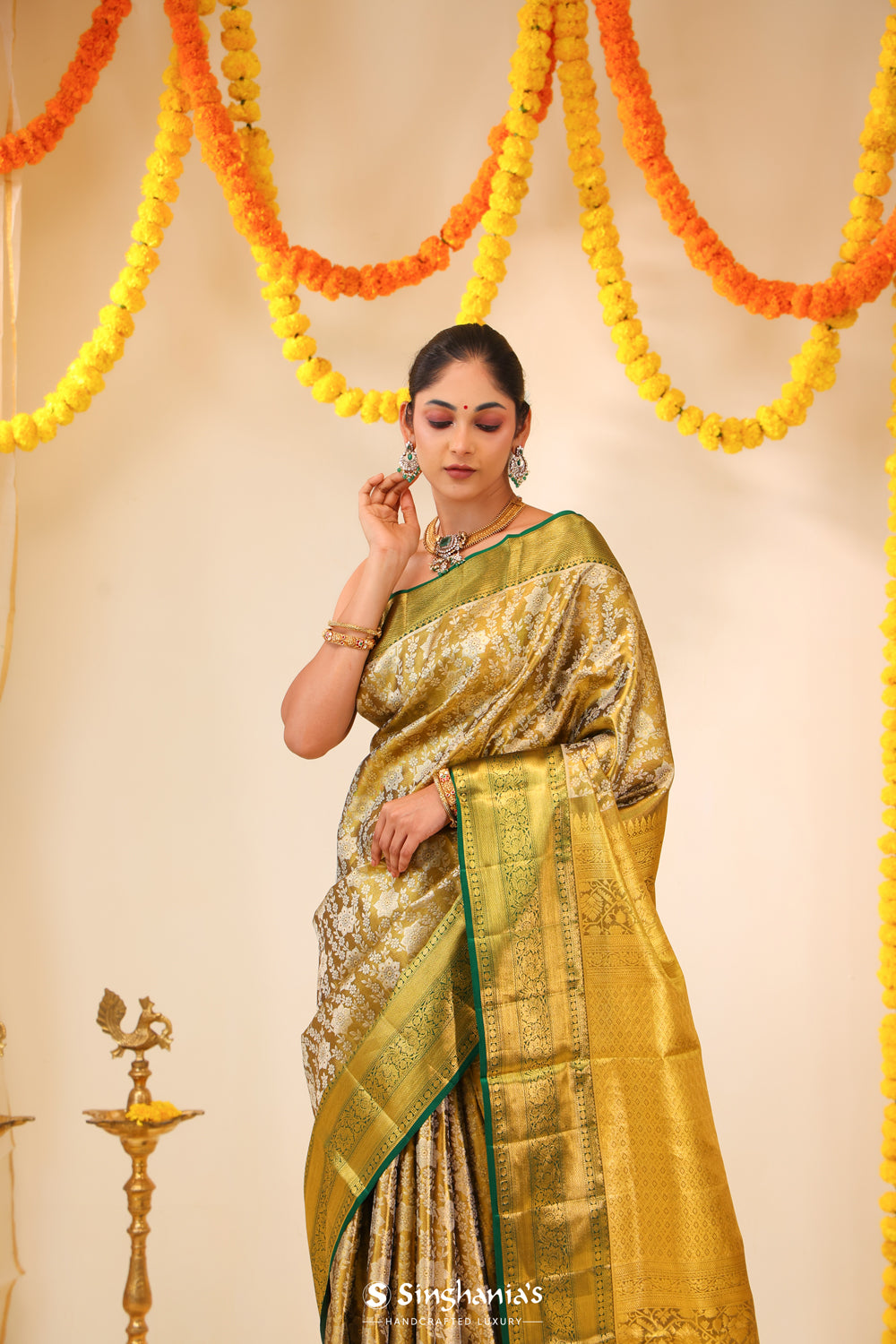 Olive Gold Tissue Kanjivaram Saree With Floral Jaal Weaving