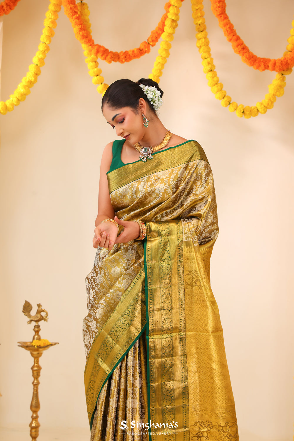 Olive Gold Tissue Kanjivaram Saree With Floral Jaal Weaving