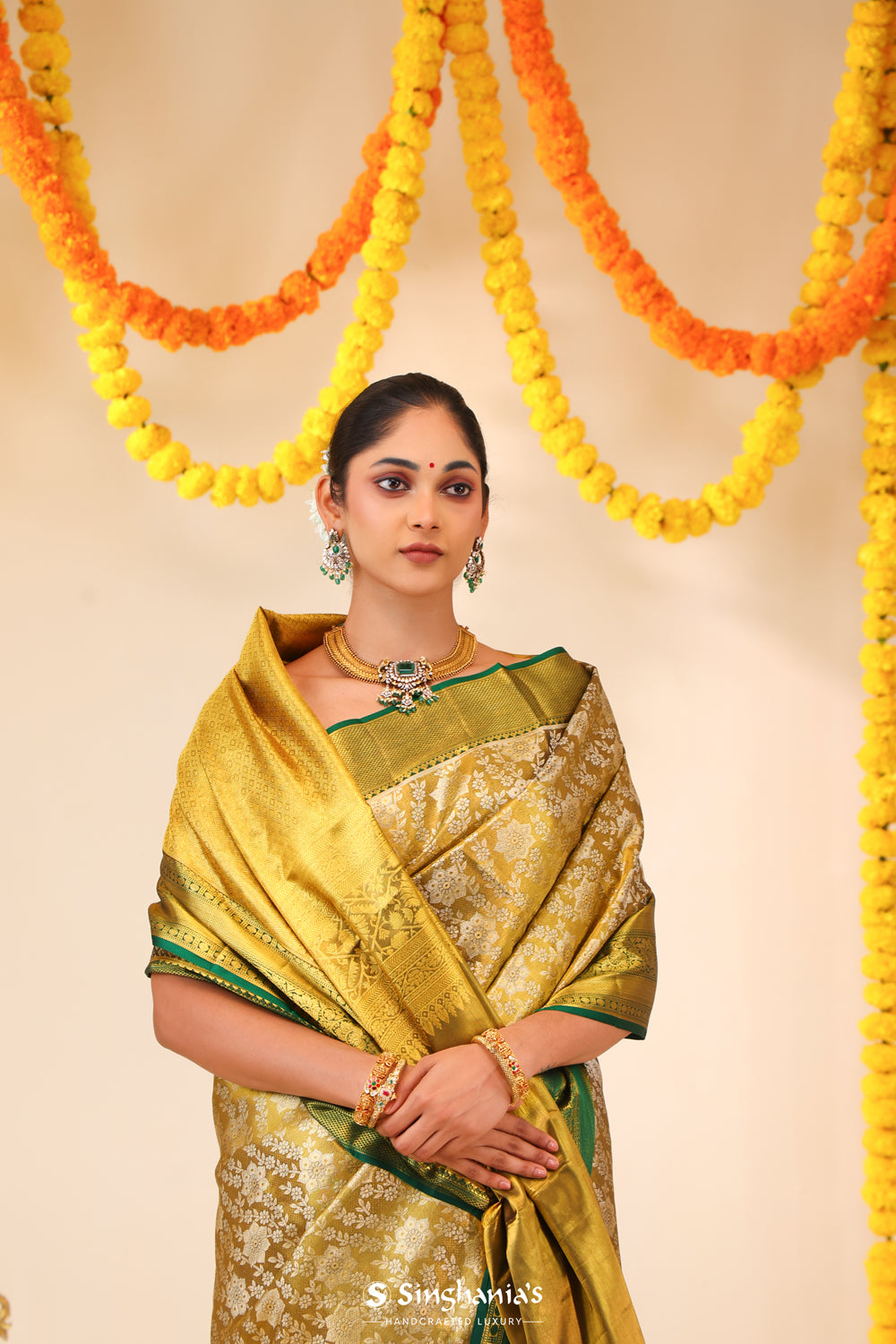 Olive Gold Tissue Kanjivaram Saree With Floral Jaal Weaving