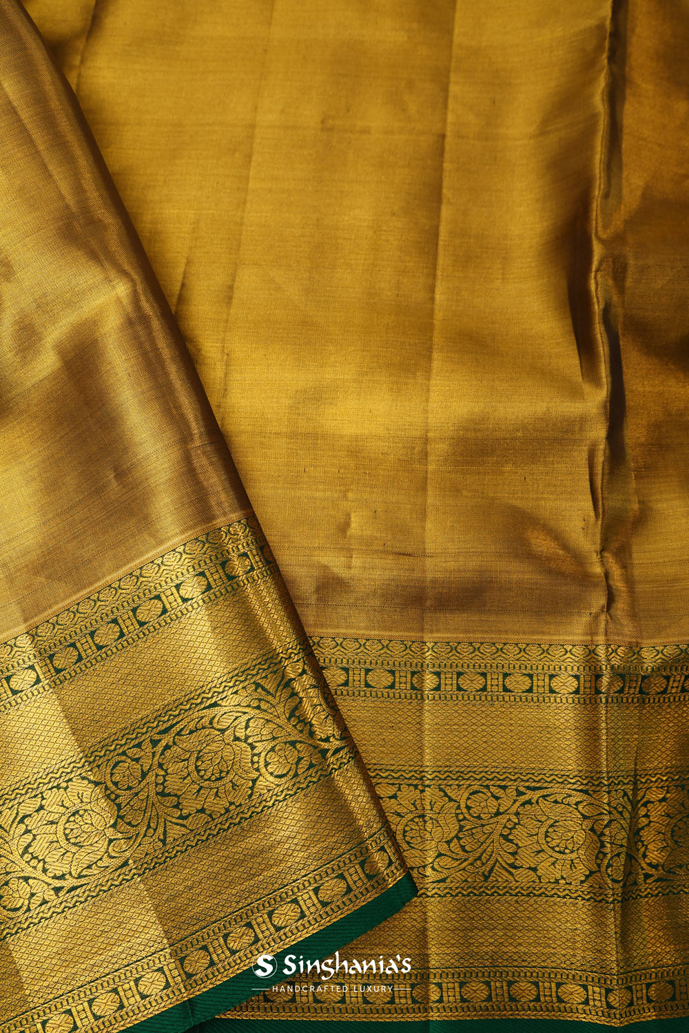 Olive Gold Tissue Kanjivaram Saree With Floral Jaal Weaving