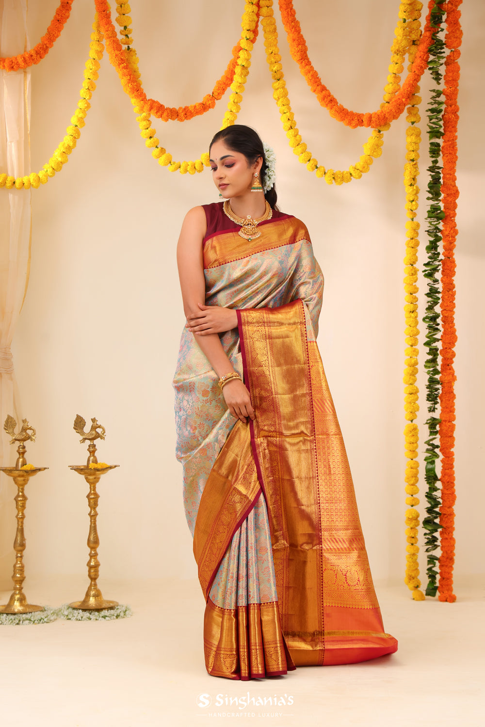 Pastel Blue Tissue Kanjivaram Saree With Floral Jaal Weaving