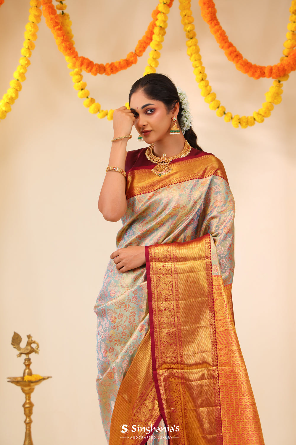 Pastel Blue Tissue Kanjivaram Saree With Floral Jaal Weaving