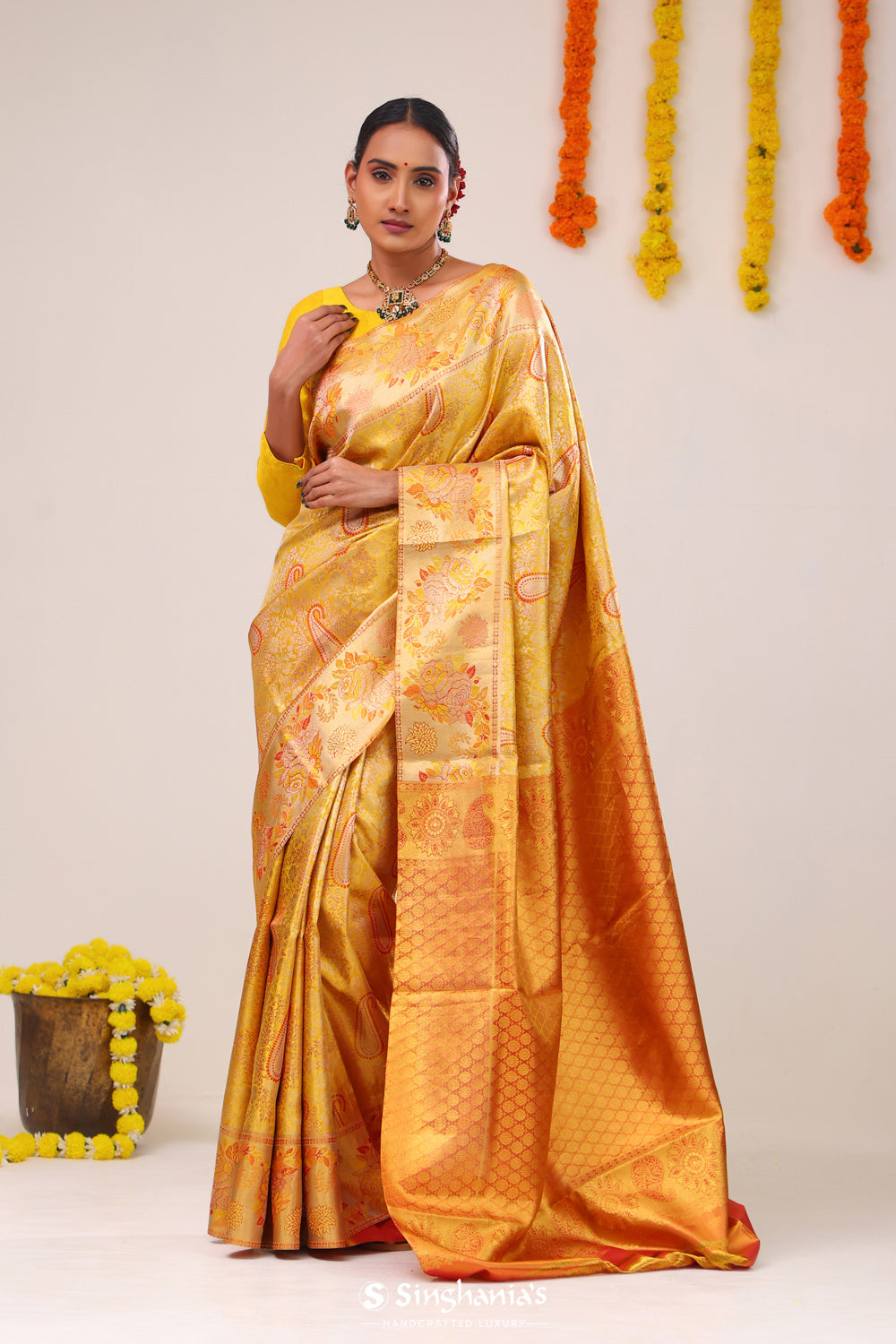 Empire Yellow Paisley Kanjivaram Silk Saree