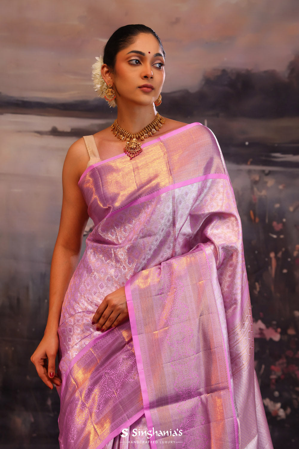 Lavender Pink Kanjivaram Silk Saree With Florals