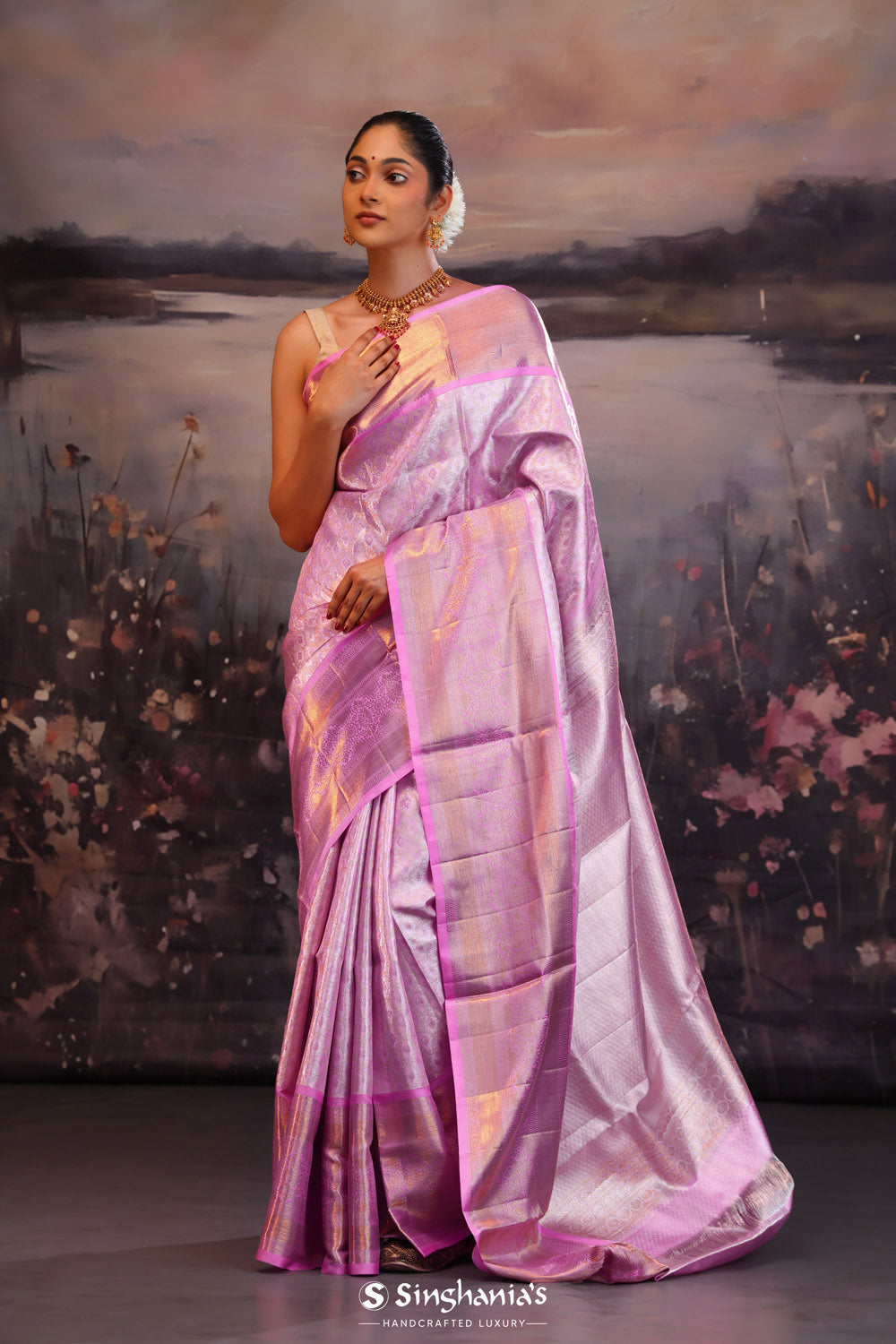 Lavender Pink Kanjivaram Silk Saree With Florals