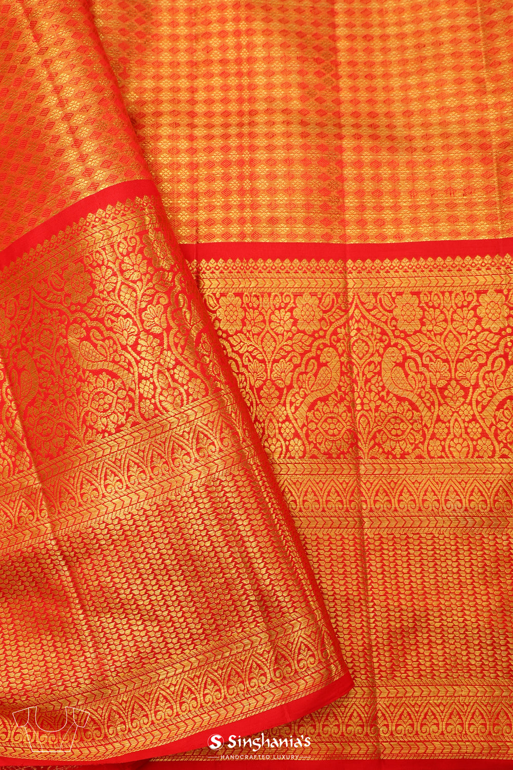 Metallic Orange Tissue Kanjivaram Saree With Floral Weaving