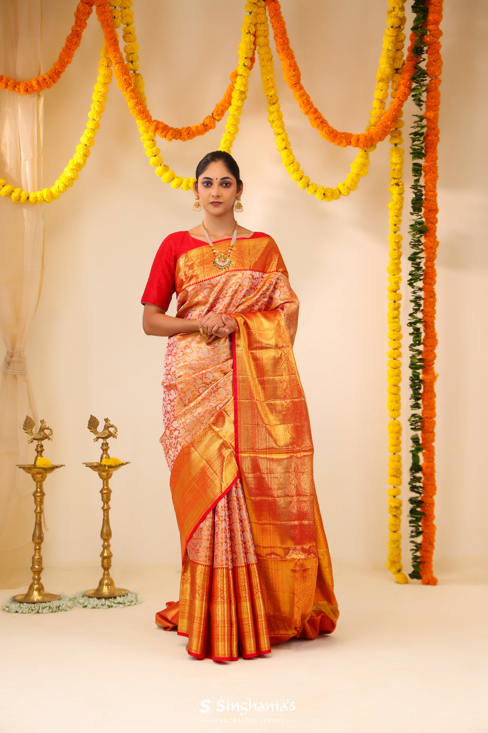 Salmon Orange Tissue Kanjivaram Saree With Floral-Bird Weaving