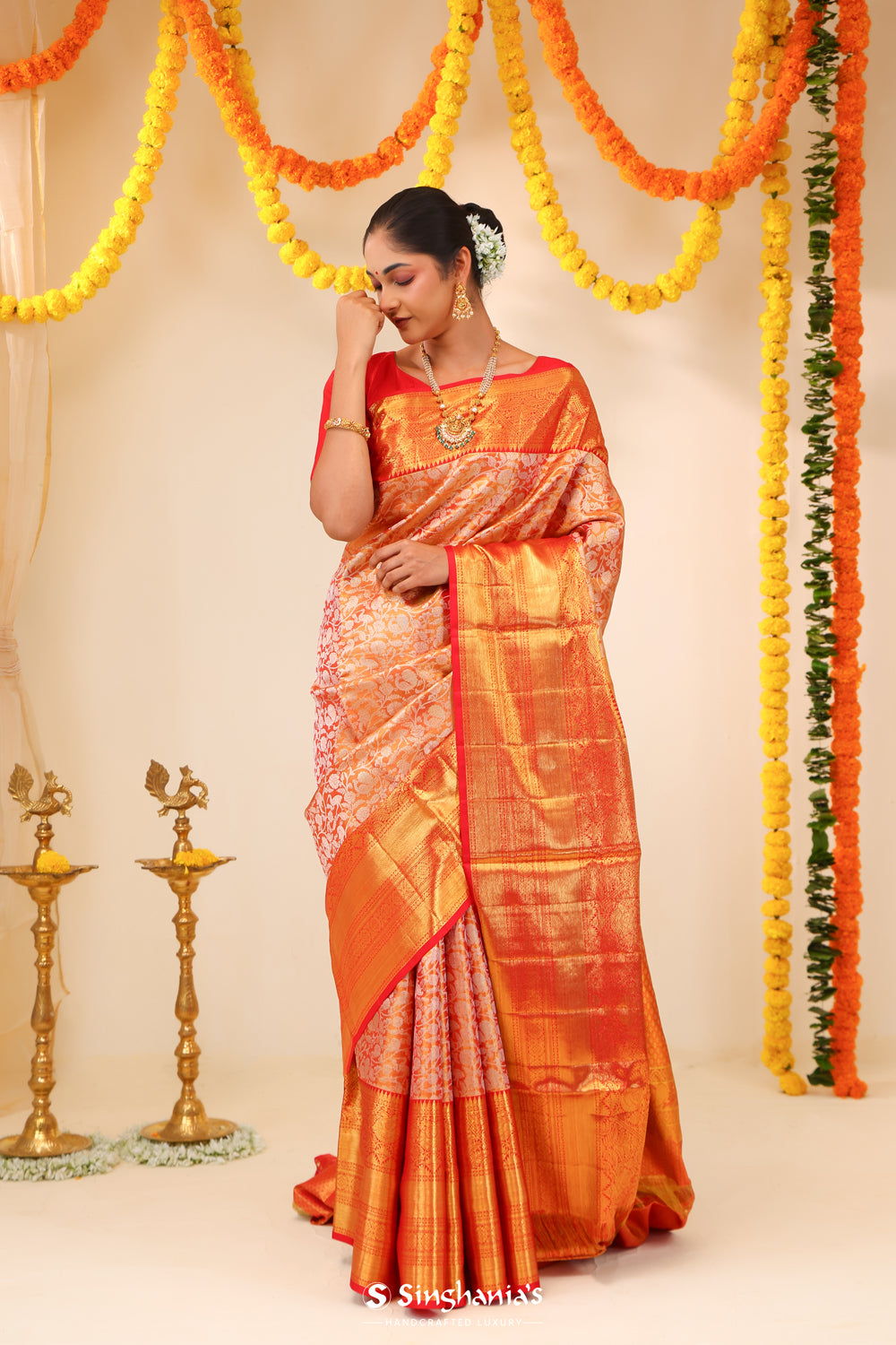 Salmon Orange Tissue Kanjivaram Saree With Floral-Bird Weaving