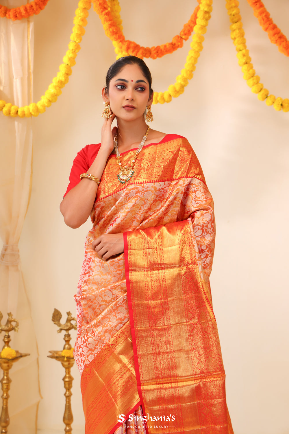 Salmon Orange Tissue Kanjivaram Saree With Floral-Bird Weaving