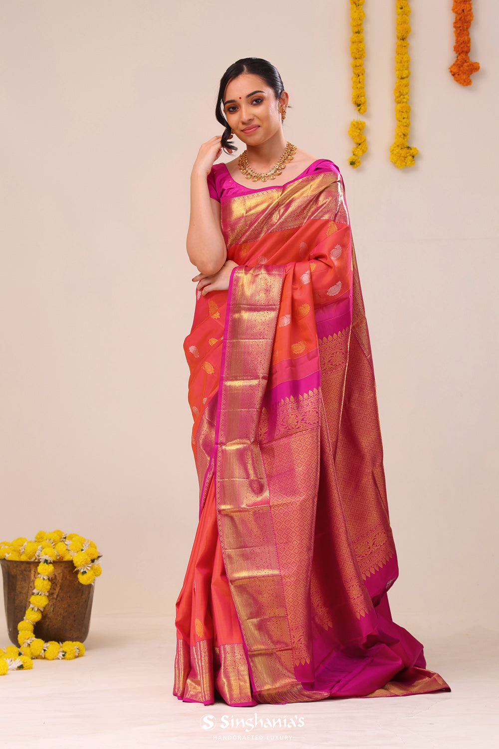 Georgia Peach Paisley Kanjivaram Silk Saree