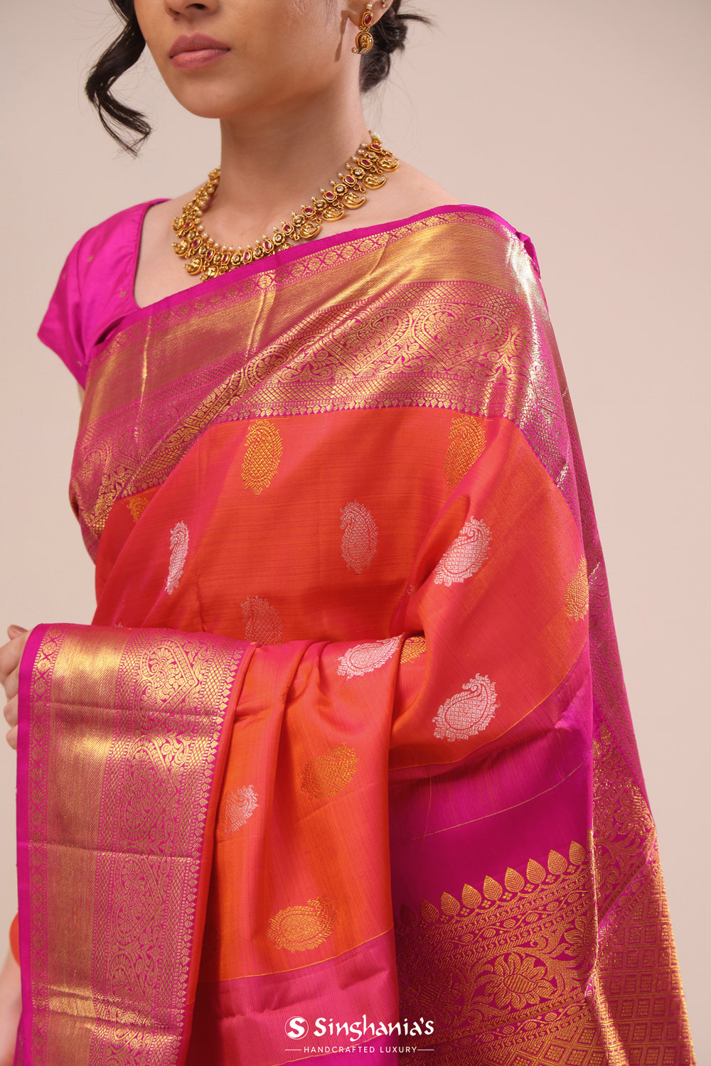 Georgia Peach Paisley Kanjivaram Silk Saree