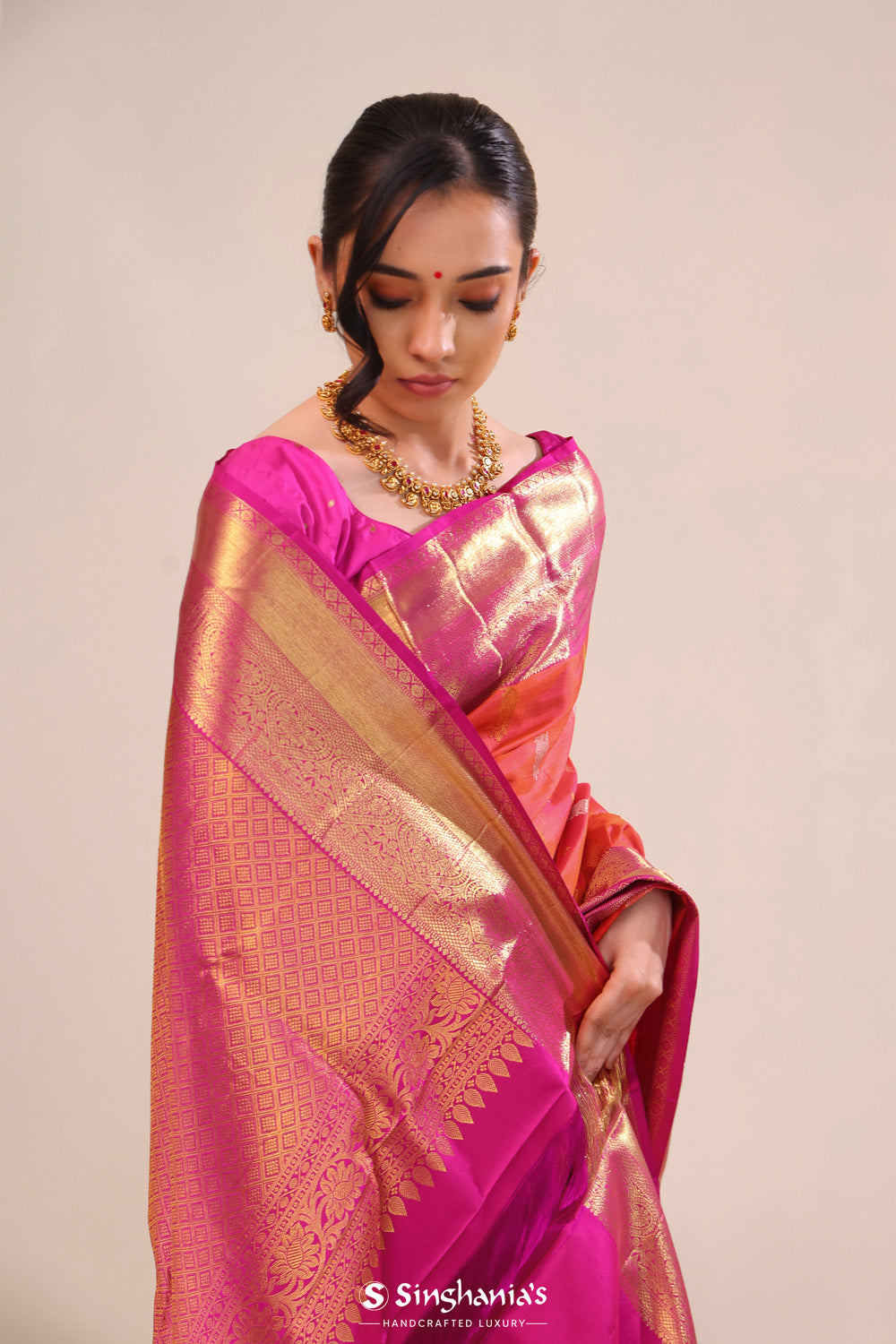 Georgia Peach Paisley Kanjivaram Silk Saree