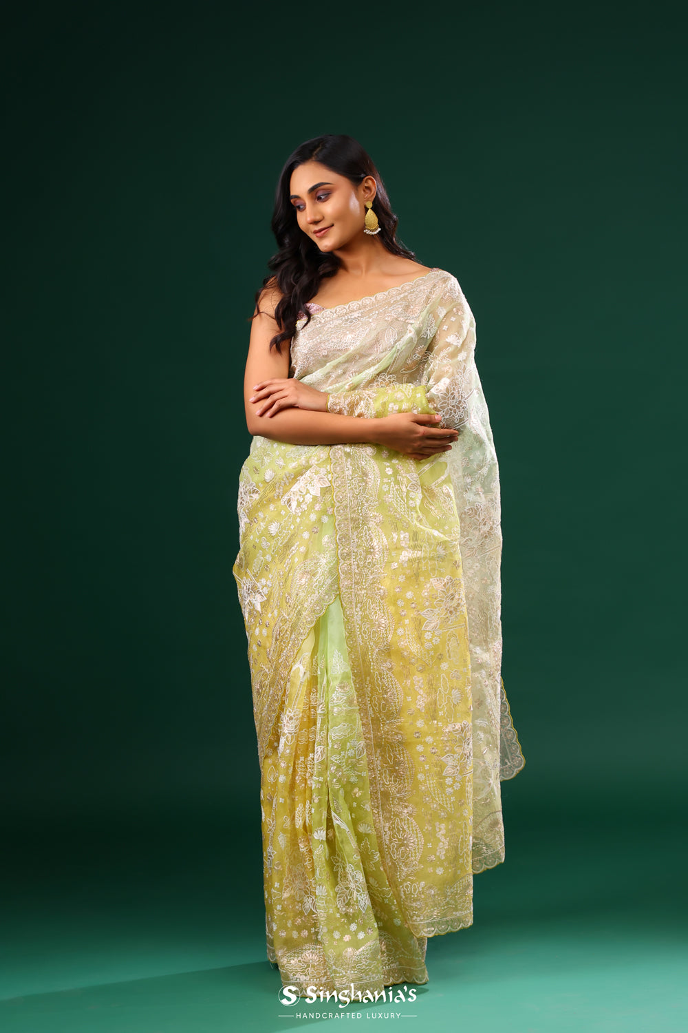 Green Yellow Organza Saree With Floral Embroidery