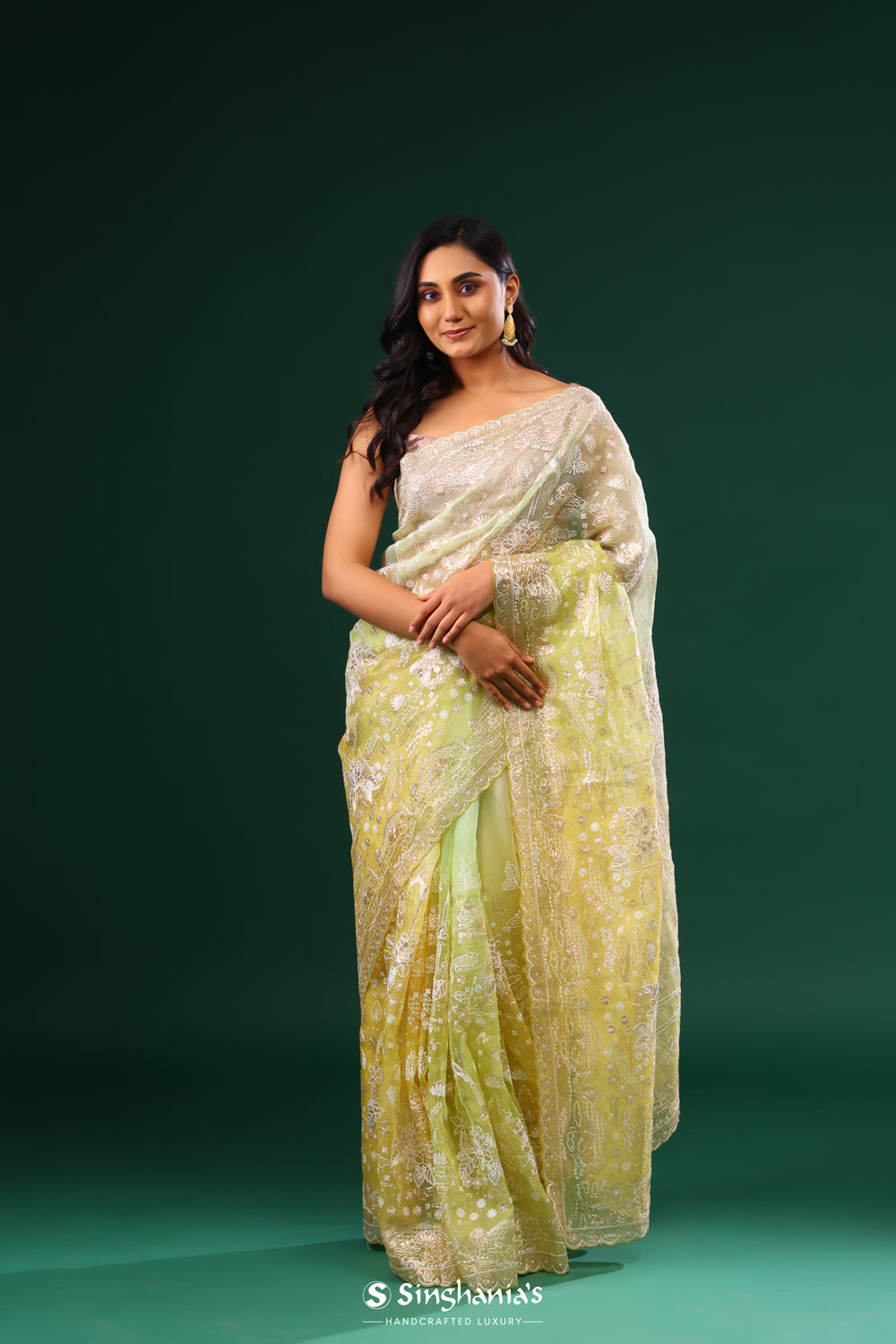 Green Yellow Organza Saree With Floral Embroidery