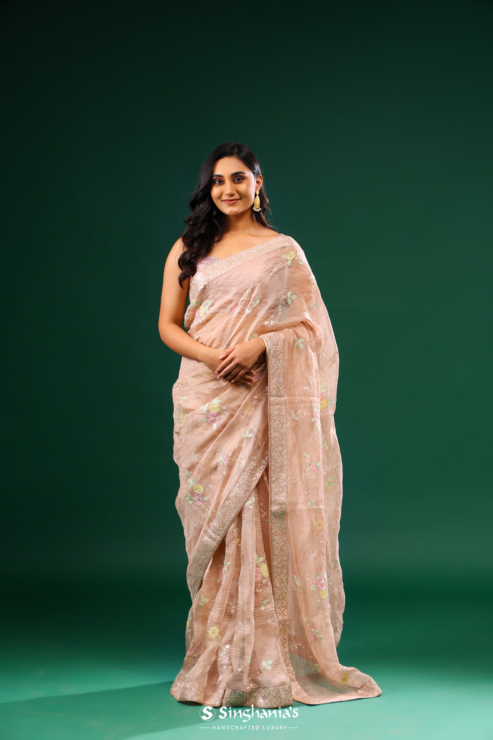 Cameo Peach Crushed Tissue Designer Saree With Floral Embroidery