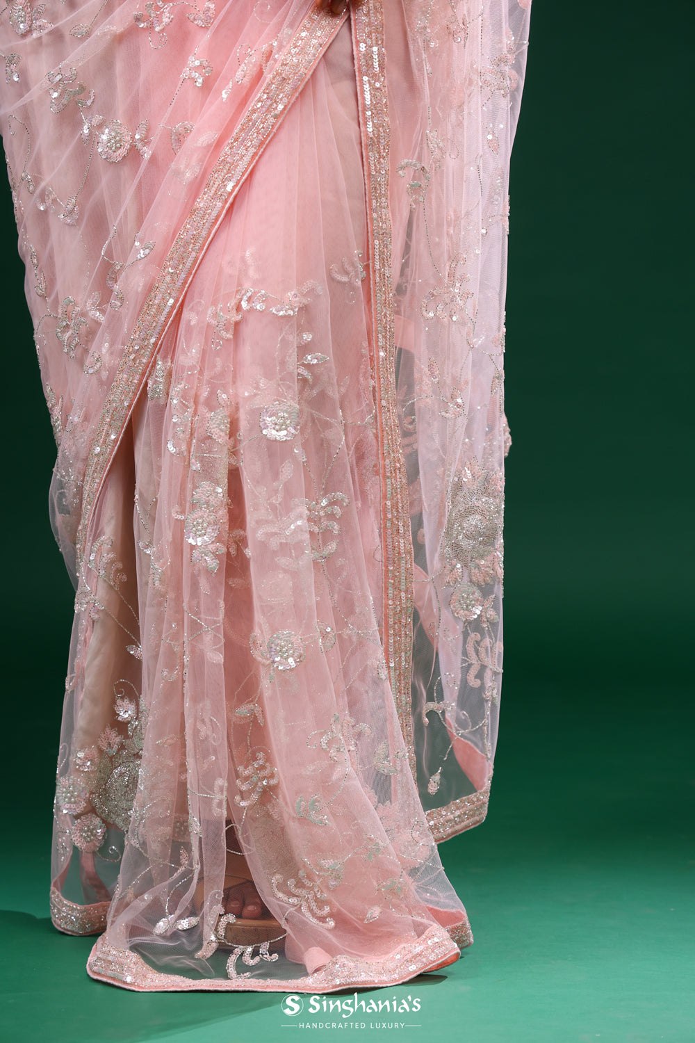 Baby Pink Net Saree With Floral Jaal Embroidery